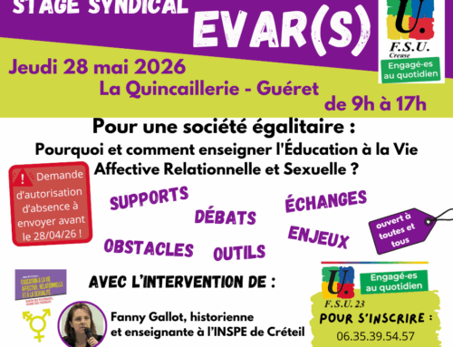 Stage syndical FSU23 – Pour une société égalitaire :  Pourquoi et comment enseigner l&rsquo;Éducation à la Vie Affective Relationnelle et Sexuelle ?